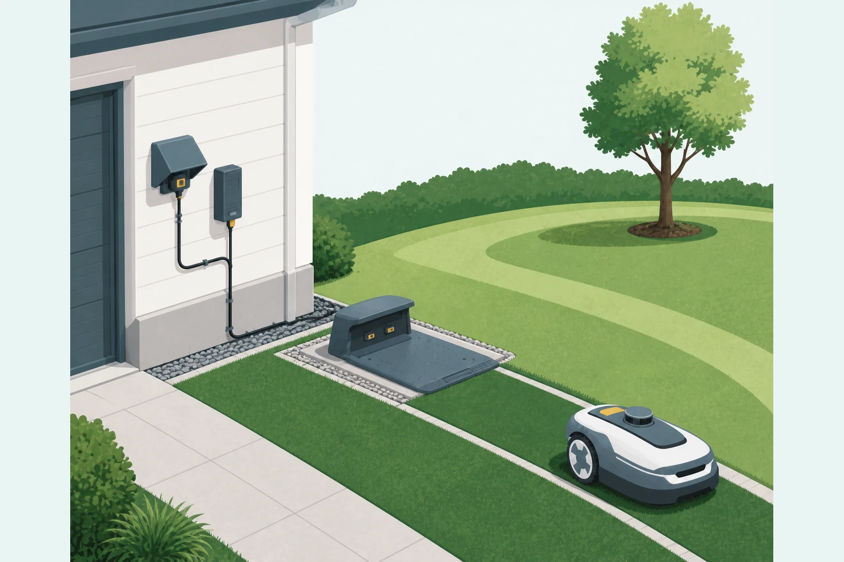 Robot mower charging setup with protected power, cable route, dock, stable ground, open approach, and lawn.
