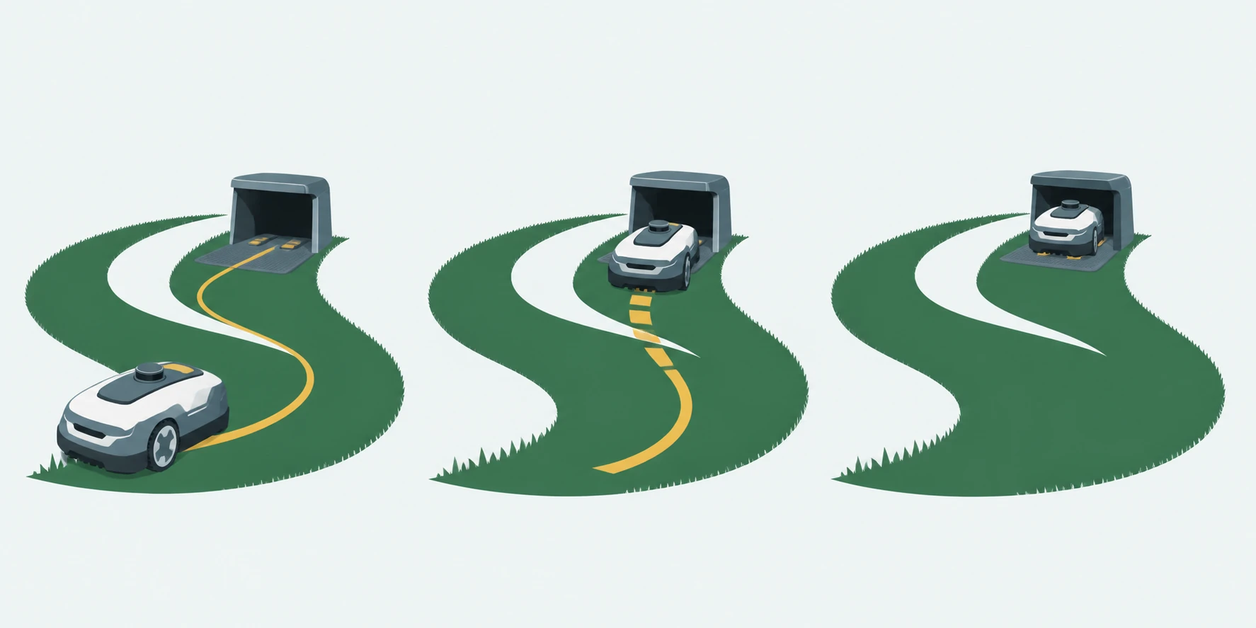 Three stages showing a robot mower approaching, aligning with, and seated in its charging dock.
