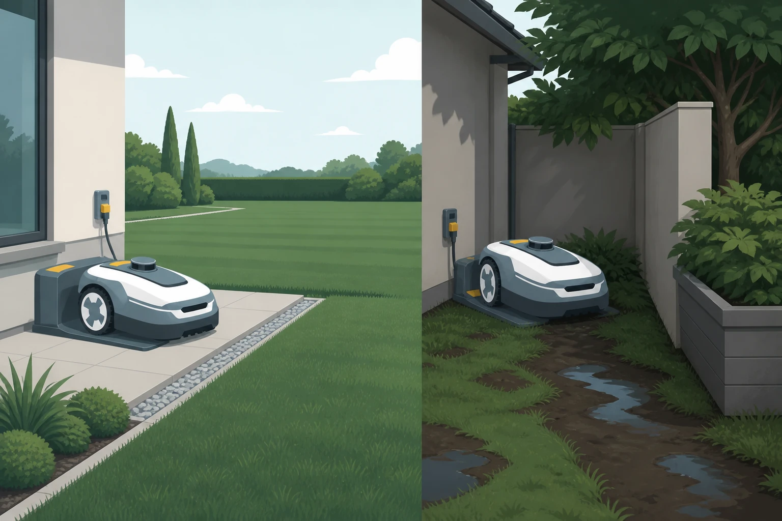 Side-by-side robot mower docks showing an open stable location and a cramped wet location.