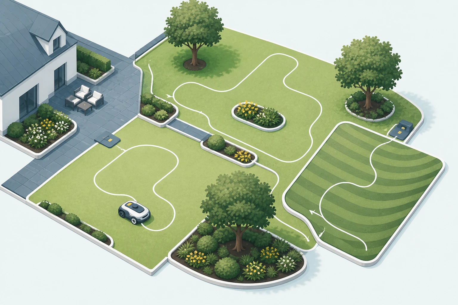Overhead lawn plan with separate mowing zones, trees, passages, dock options, and a robot mower route.