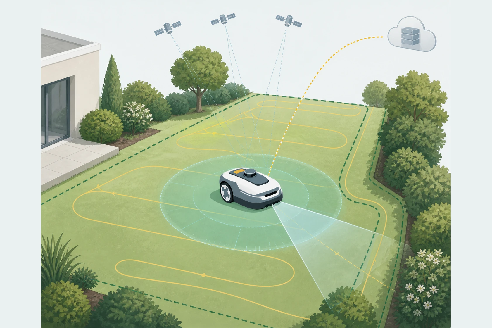 Robot mower lawn showing separate boundary, route, satellite positioning, nearby sensing, vision, and connectivity layers.