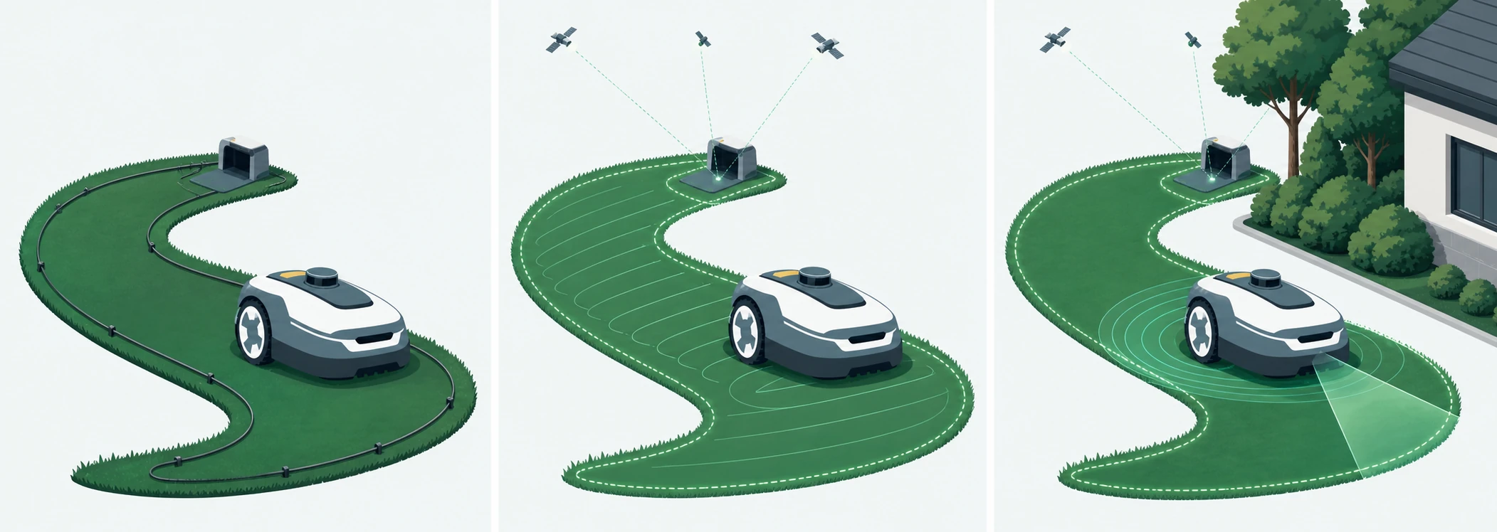 Three robot mower lawns comparing boundary wire, Network RTK, and hybrid RTK with LiDAR and vision.