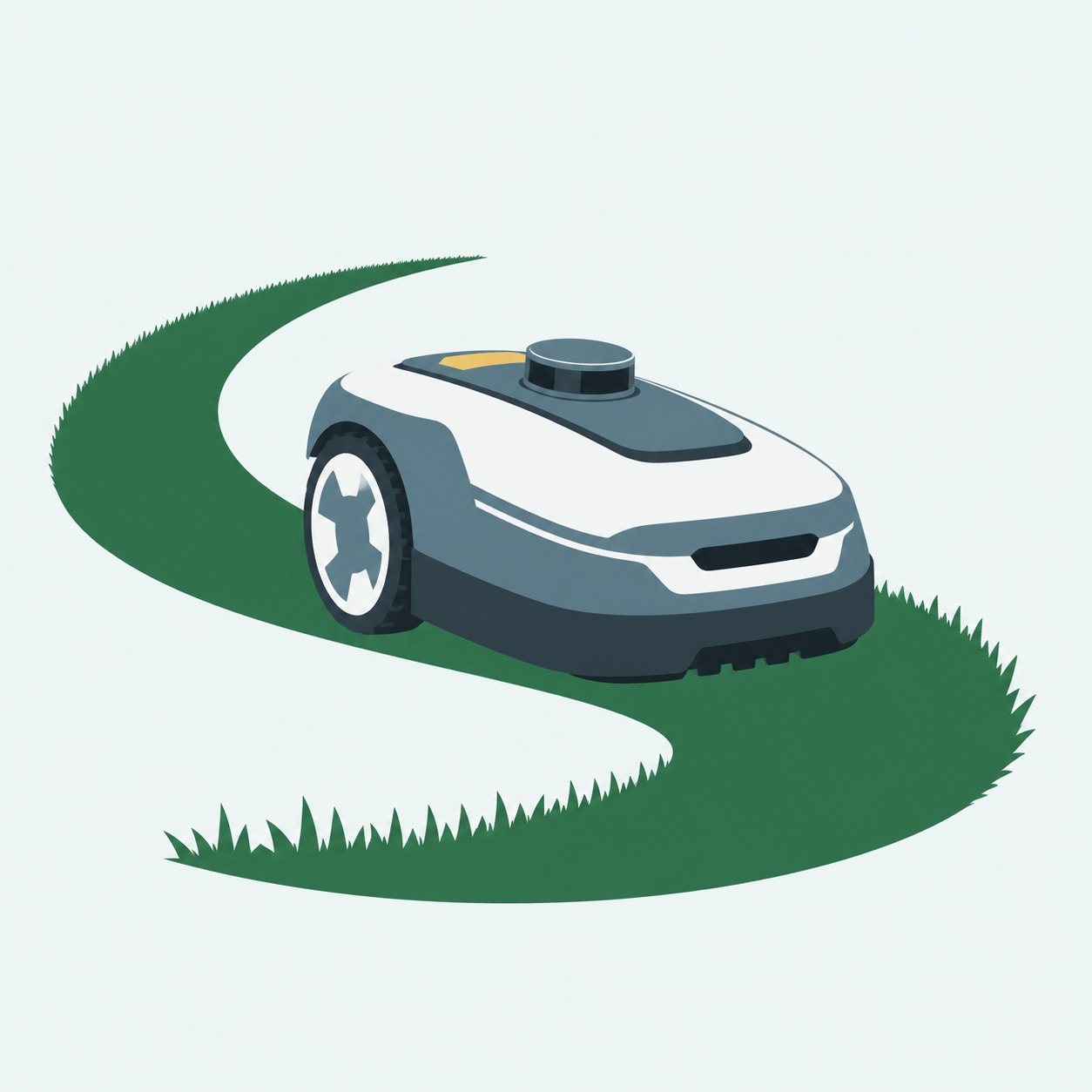 An original three-quarter-view robot mower crossing a curved strip of cut grass.